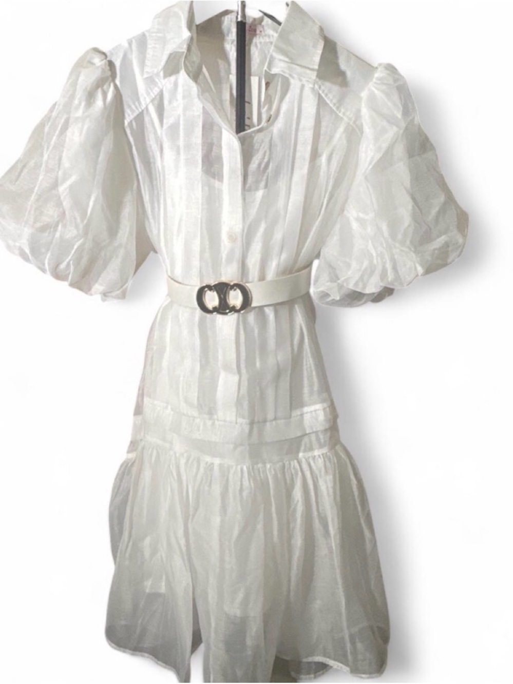 White Puff-Sleeve Midi Shirt Dress with Belt